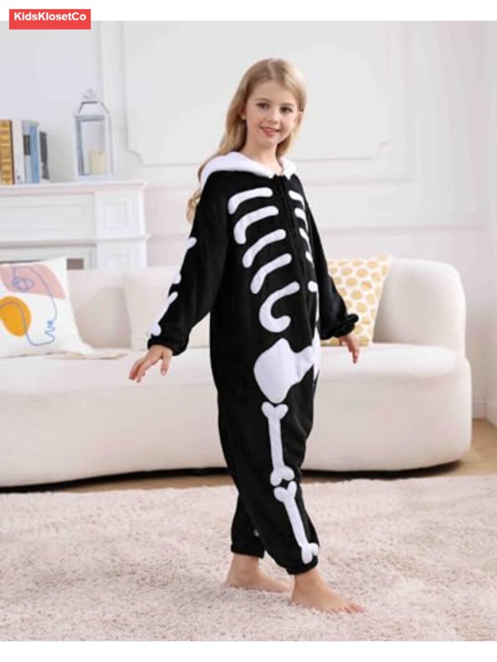Kids Skeleton Onesie Pajamas Flannel Fleece Halloween Costume Cosplay with Hood - Picture 3 of 5